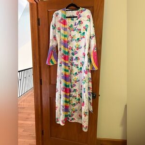 Vintage Mary McFadden robe 1980s white purple green yellows size small
